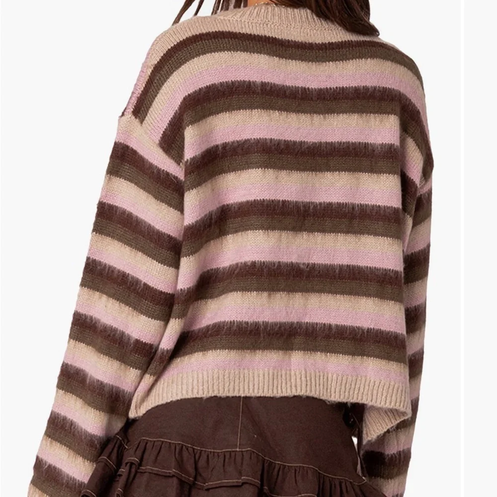 EDIKTED Striped Oversized Cropped Sweater in Pink and Brown/Beige Mix -Size M/L - Picture 5 of 13